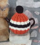 Small Tea Cosy for 2 Cup Tea Pot, Orange, Black, Cream Hand Knitted, Wool Mix