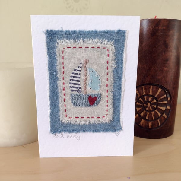 Fabric Yacht Sailing Card - Blank Card - Any Occasion - Hand-Stitched - OOAK