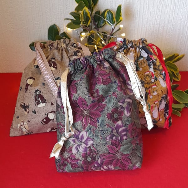 Gift Bags Made From Fabric With Christmas Designs And Fully LIned