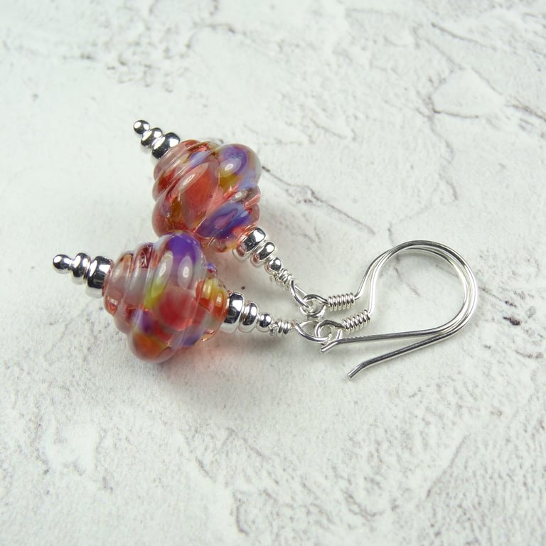 Multi-coloured lampwork glass drop earrings, sterling silver, gift box