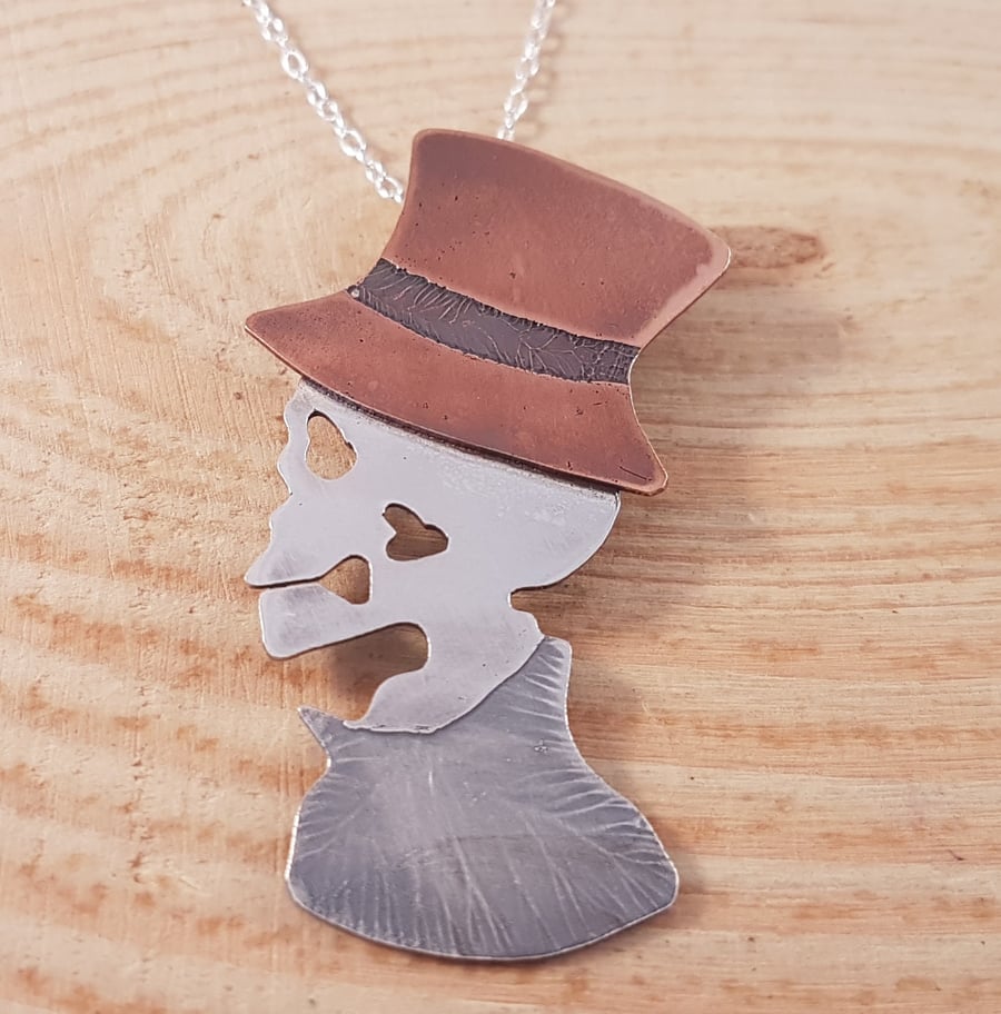 Sterling Silver and Copper Etched Hatted Skeleton Necklace