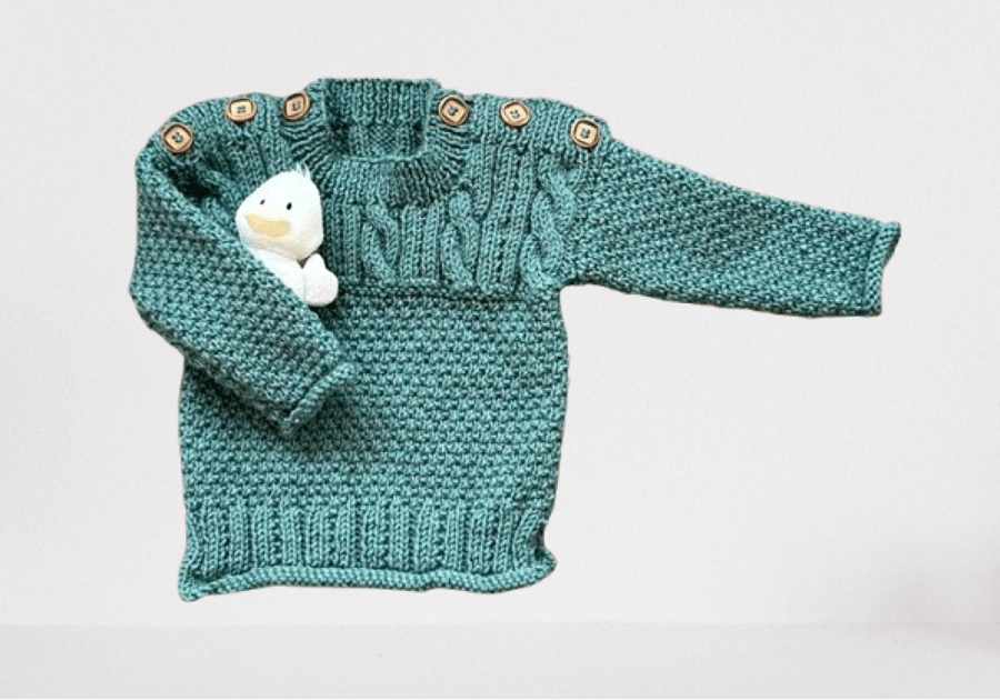 Hand Knitted Boys Jumper In Aran Weight Wool Blend Yarn - Fits Age 1 - 2 years