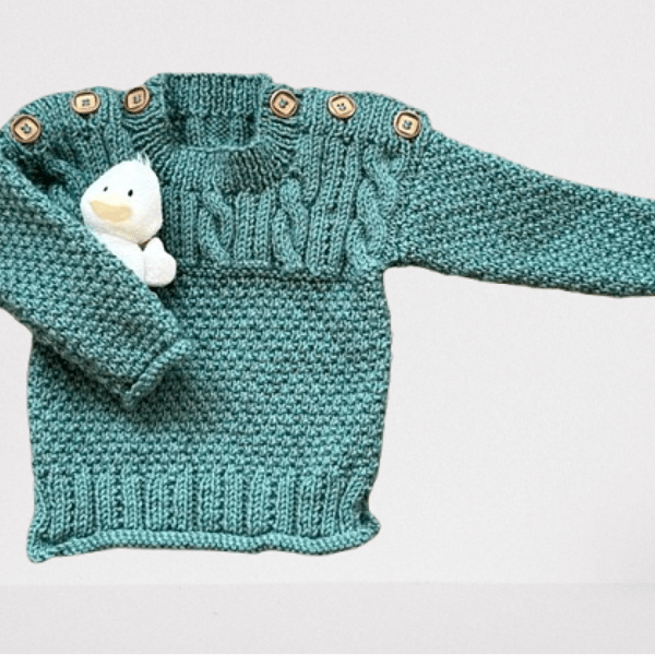 Hand Knitted Boys Jumper In Aran Weight Wool Blend Yarn - Fits Age 1 - 2 years