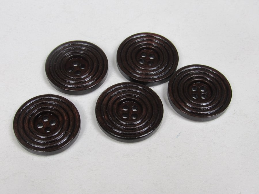 5 Medium 25mm Dark Ridged Wood Buttons