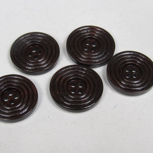 5 Medium 25mm Dark Ridged Wood Buttons