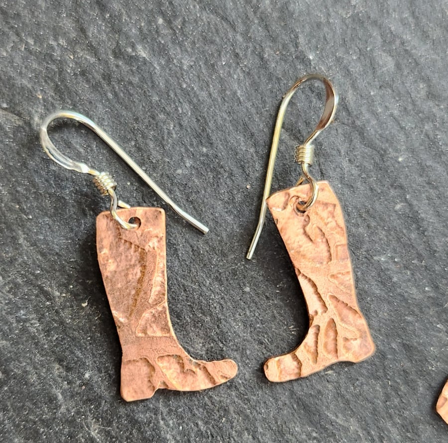 Welly boot earrings in etched copper