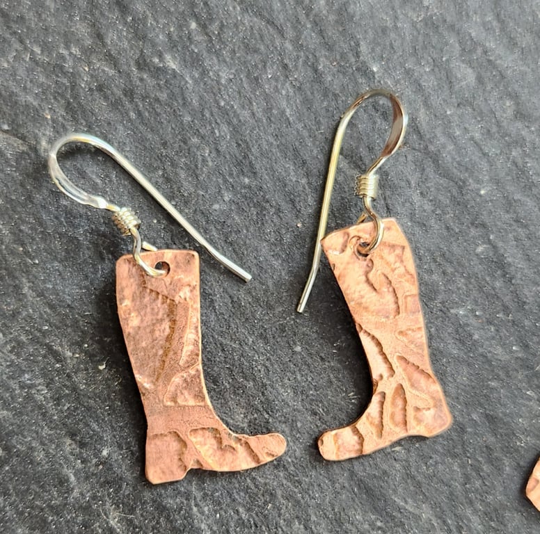 Welly boot earrings in etched copper