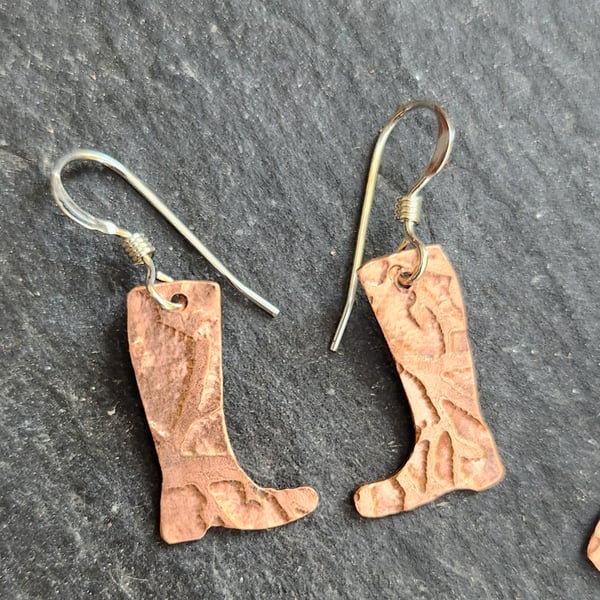 Welly boot earrings in etched copper