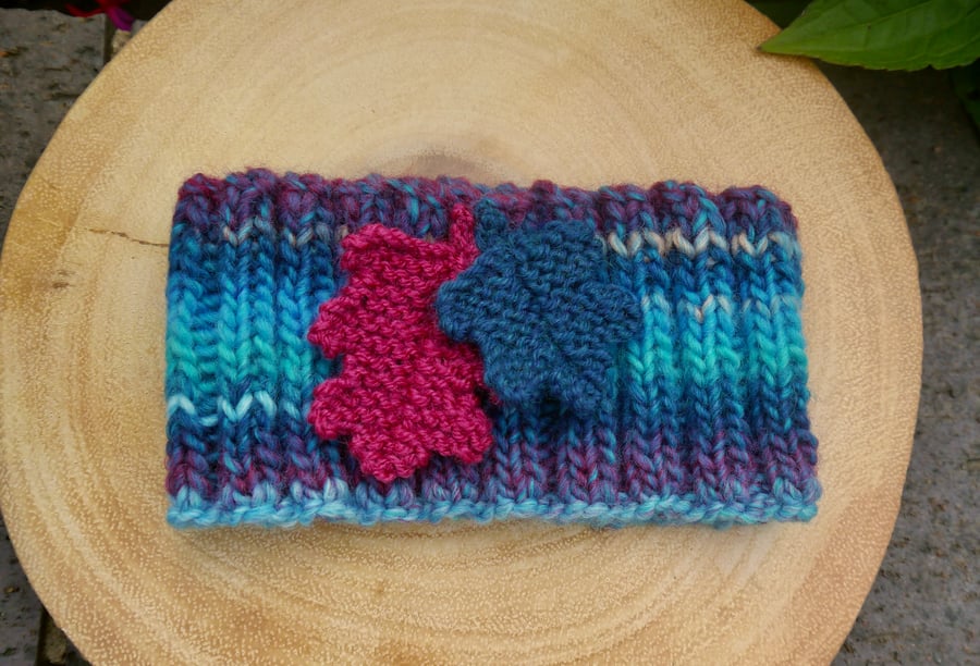 Turquoise Headband with Fuchsia Oak Leaf Embellishment