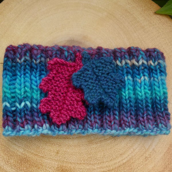 Turquoise Headband with Fuchsia Oak Leaf Embellishment