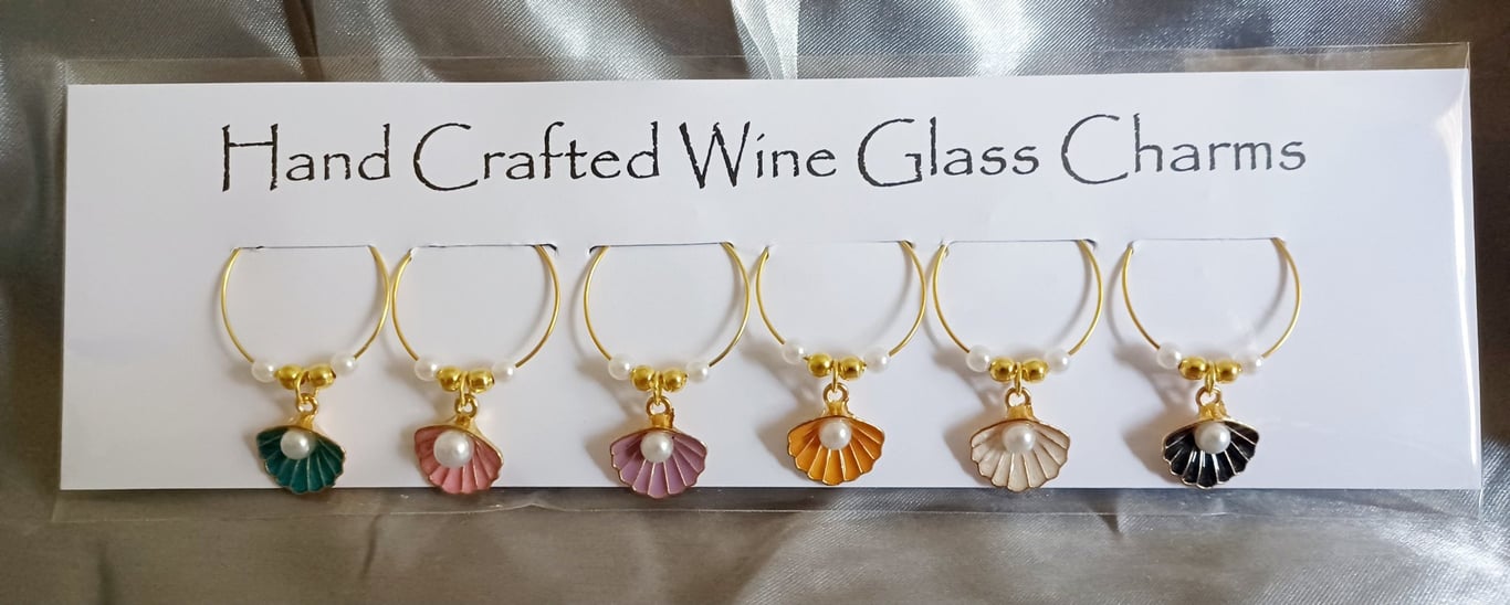 Wine Glass Charms set of 6 Oyster Shell and Pearls