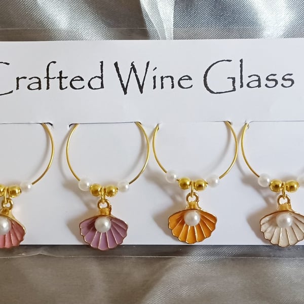 Wine Glass Charms set of 6 Oyster Shell and Pearls