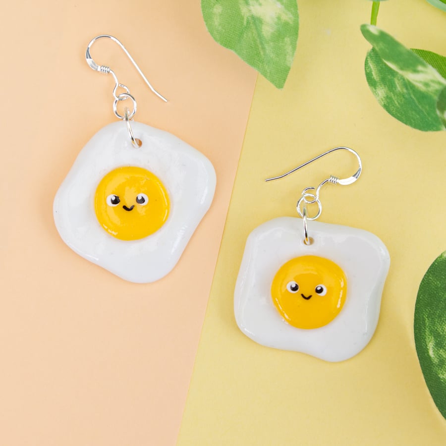 Cute Fried Egg Food Dangly Painted Clay Earrings