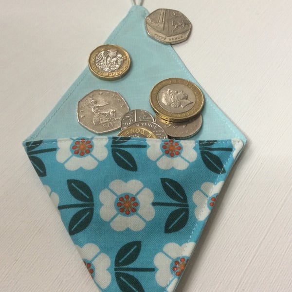  Small Triangular Coin Purse, pouch,  turquoise cotton