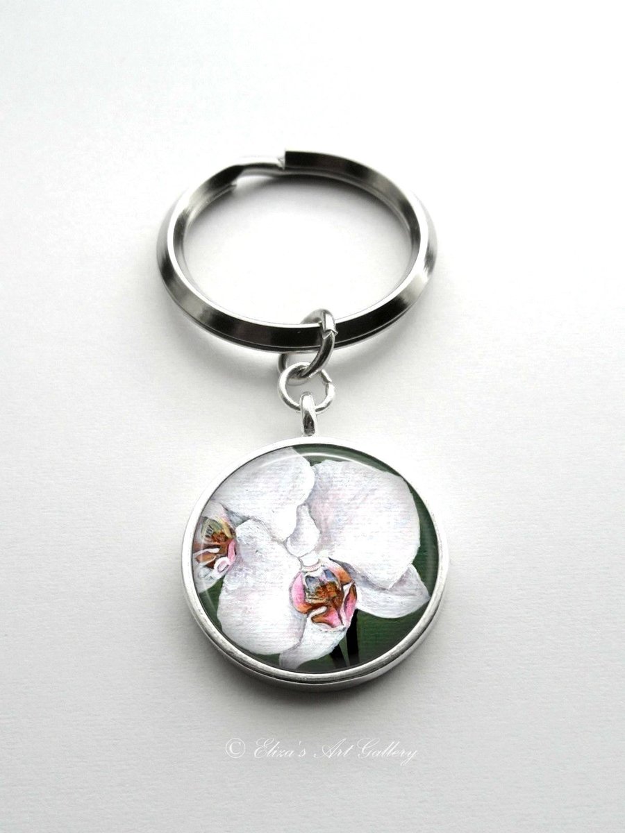 Silver Plated Orchid Flower Art Cabochon Keyring