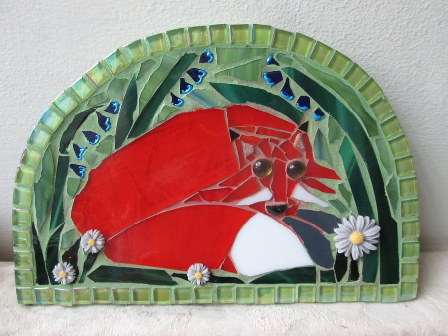 Mosaic Sleeping Fox with Bluebells