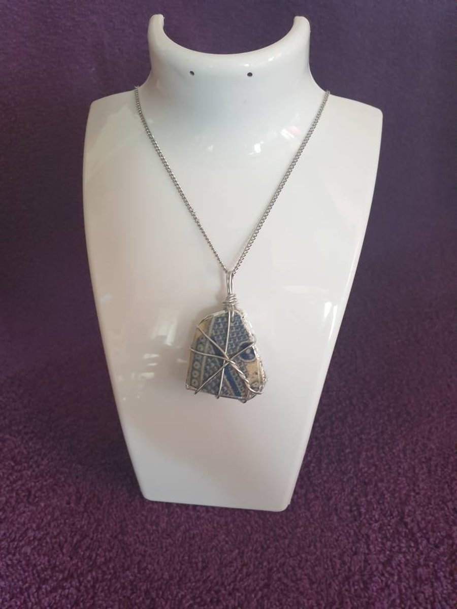 Blue Patterned Wire Wrapped Pendant