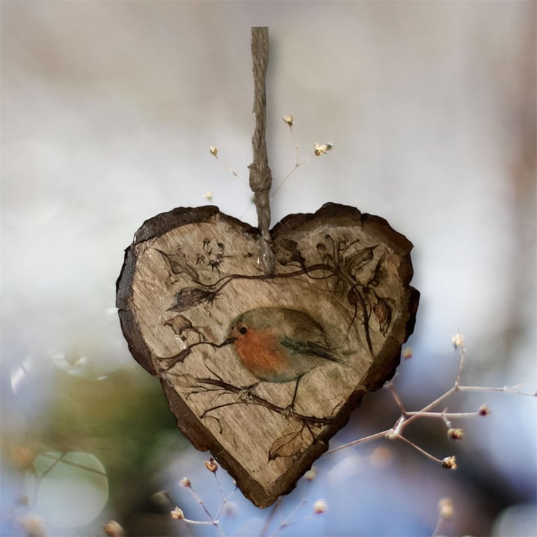 Robin Heart Woodslice Hanging Decoration 