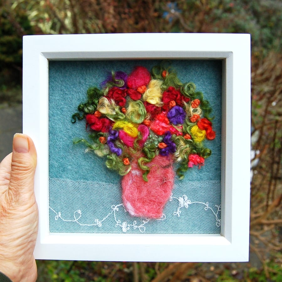 Needle felted and hand embroidered wool picture - vase of flowers