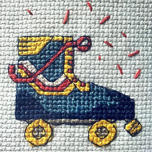 Roller Boot Cross Stitch PDF Pattern Roller Derby Skating Hoop Art 1970s Skate