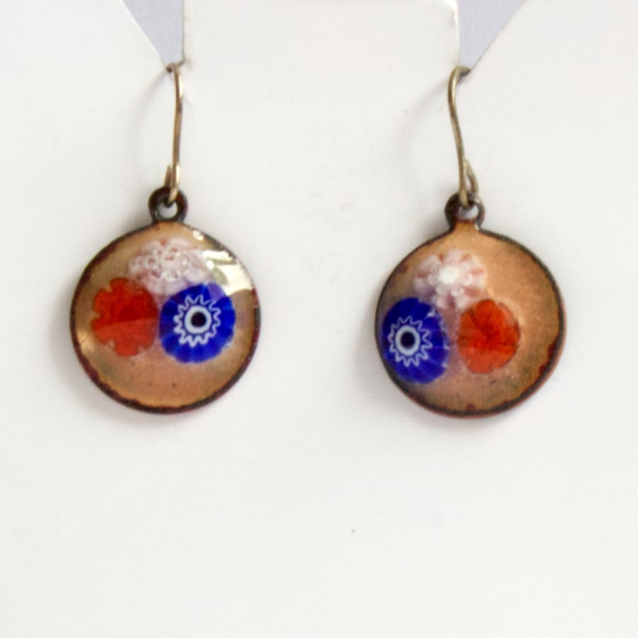 red white and blue millefiore bead earrings