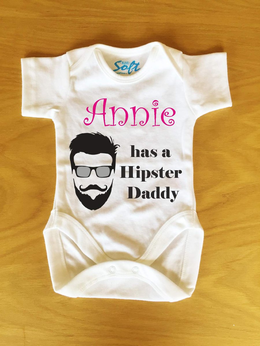 Hipster Daddy, Baby Vest, new born personalised with Pink or Blue name