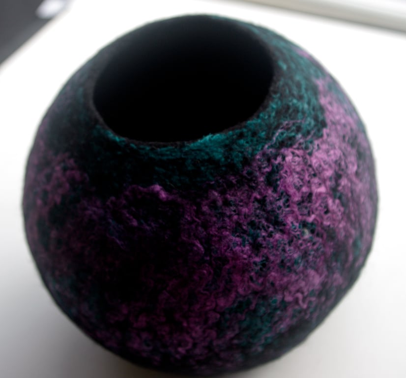 Felt Ornamental Bowl. Hand felted Vessel in Peacock Colours.