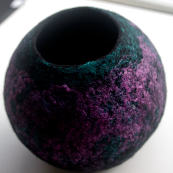 Felt Ornamental Bowl. Hand felted Vessel in Peacock Colours.