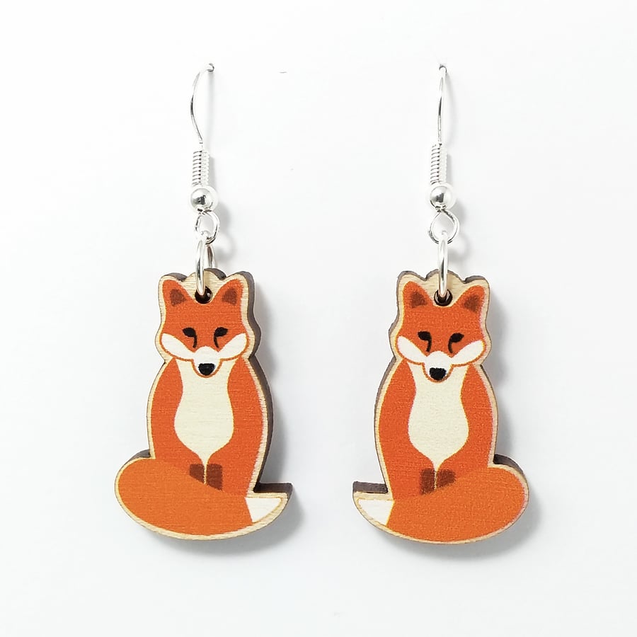 Fox Drop Earrings, Wooden Dangly, Silver Plated or Sterling Silver Hooks