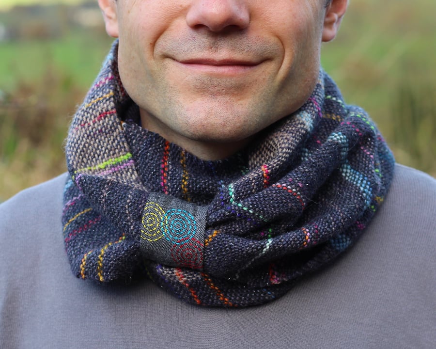 Hand Woven Cowl Charcoal With Bright Stripes and Abstract Fireworks Embroidery