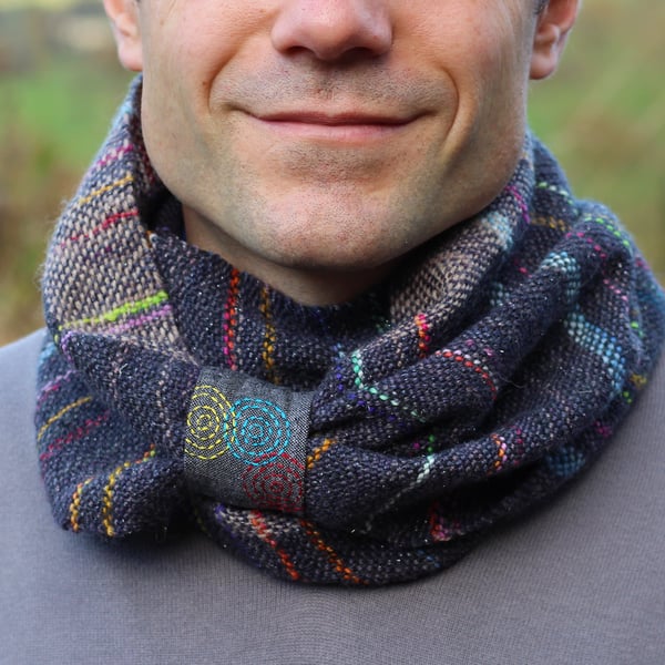 Hand Woven Cowl Charcoal With Bright Stripes and Abstract Fireworks Embroidery