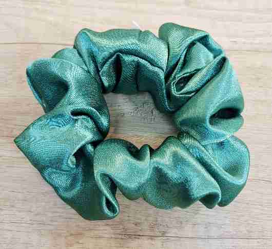 Handmade green satin scrunchie