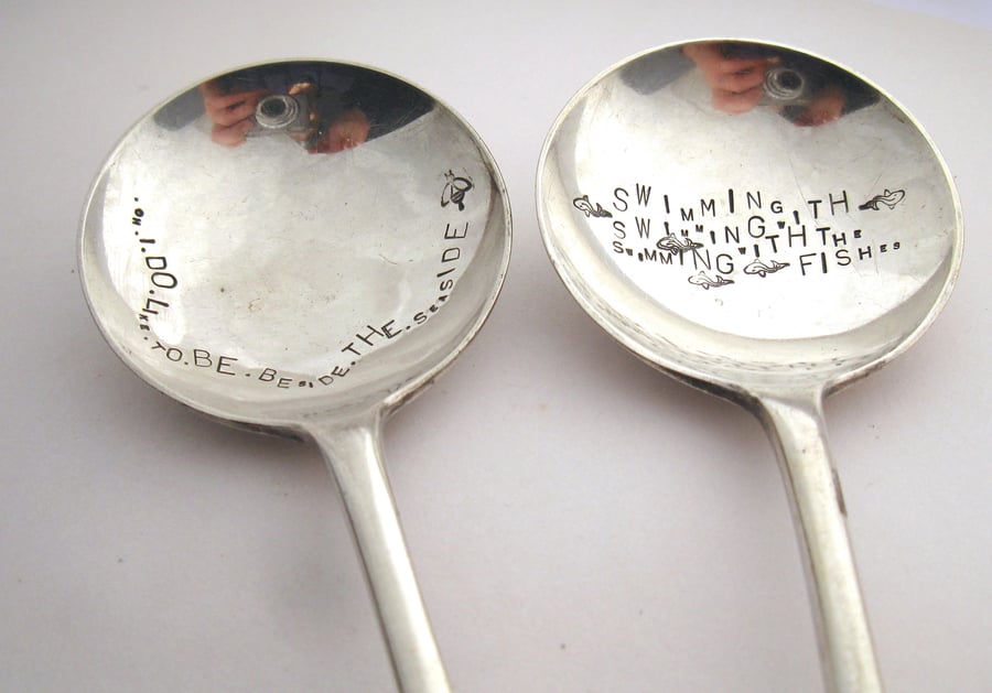 Pair of Soup Spoons with Hand Stamped Wording, Seaside Theme