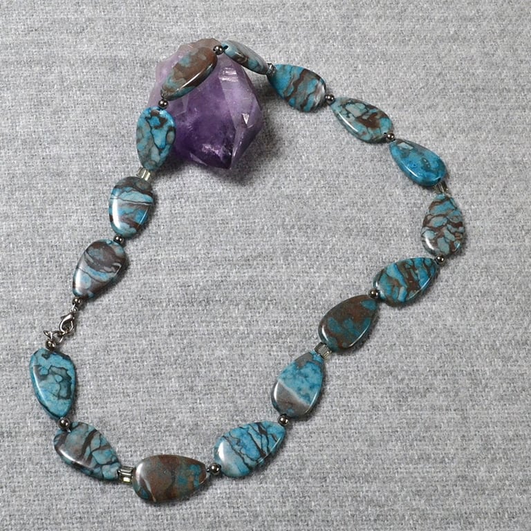 Deep Blue (dyed) Stone Oval and Crystal Cube Necklace with Gunmetal Accent Beads