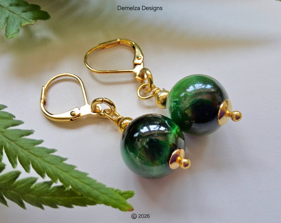 Green Tigers Eye Huggie Gold Plate Earrings