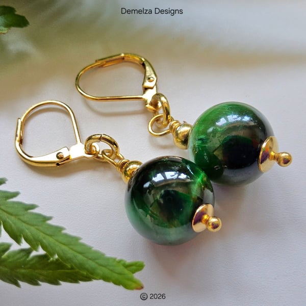 Green Tigers Eye Huggie Gold Plate Earrings
