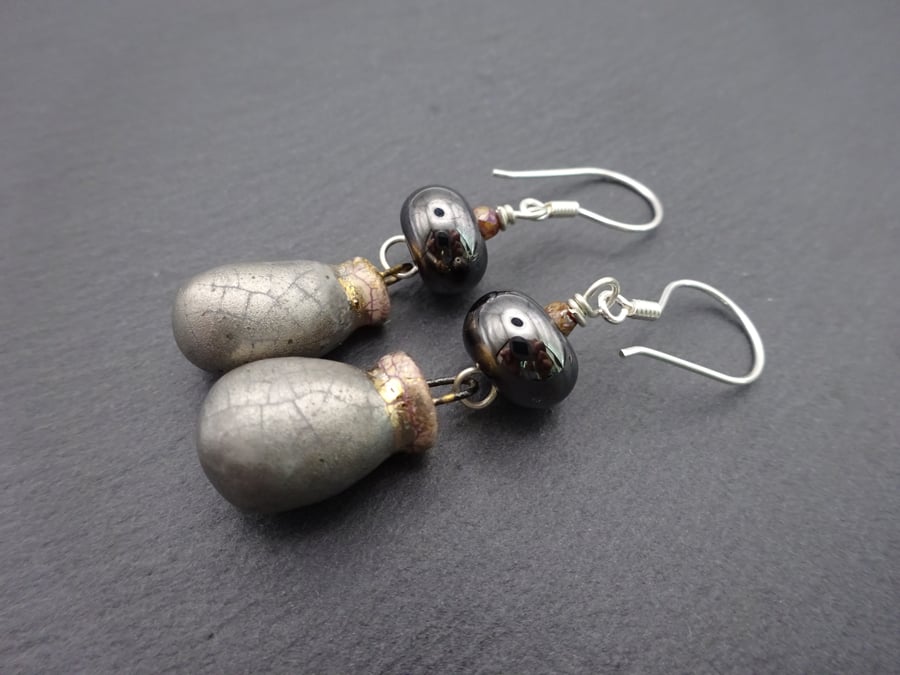 silver grey lampwork glass and ceramic earrings