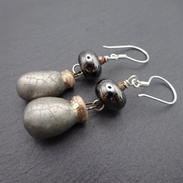 silver grey lampwork glass and ceramic earrings