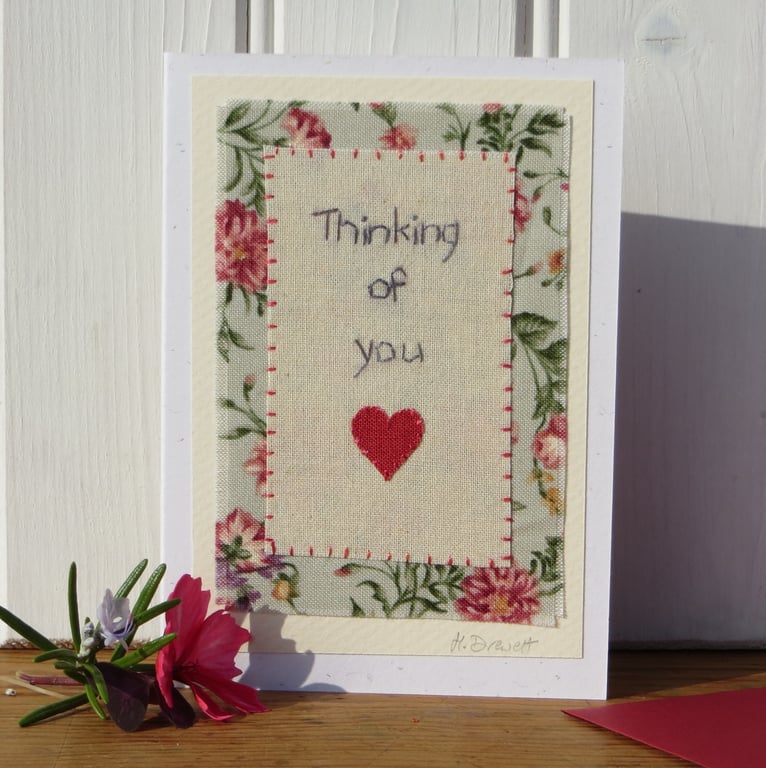 Thinking of You hand-stitched card with pretty fabric and applique heart