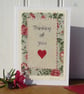 Thinking of You hand-stitched card with pretty fabric and applique heart - Image 1