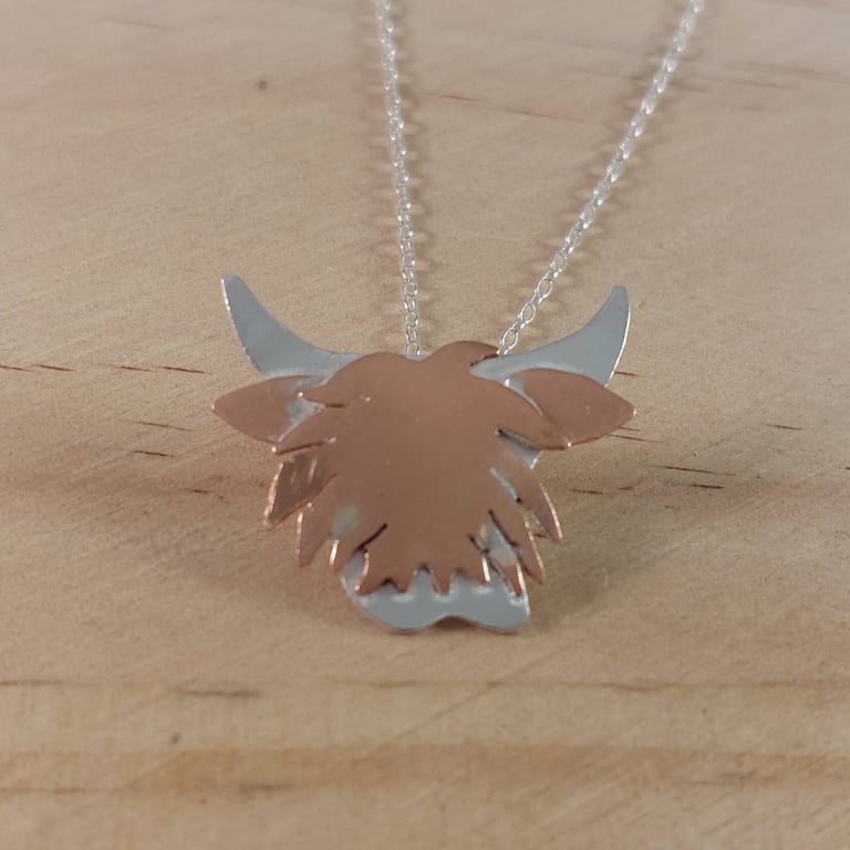 Sterling Silver and Copper Douglas Highland Cow Necklace (SKU201025D)