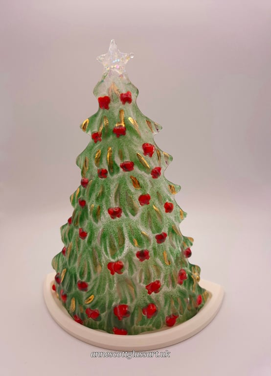 Handmade Fused Glass 3D Green Christmas Tree Candle Holder Red. Gold