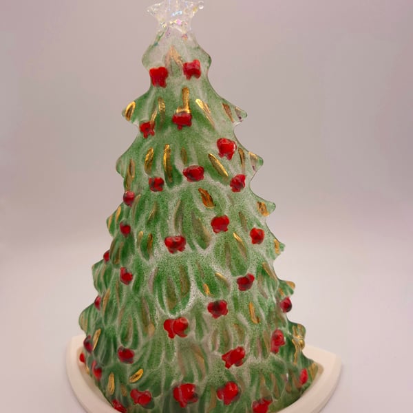 Handmade Fused Glass 3D Green Christmas Tree Candle Holder Red. Gold