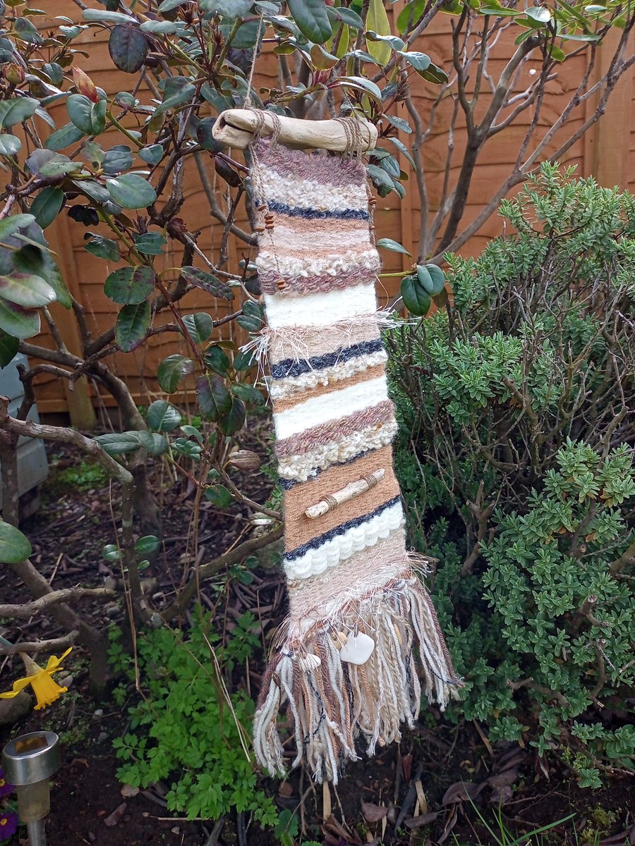 Rustic Hand Woven Wall Hanging in Neutral Colours with Driftwood and Beads 