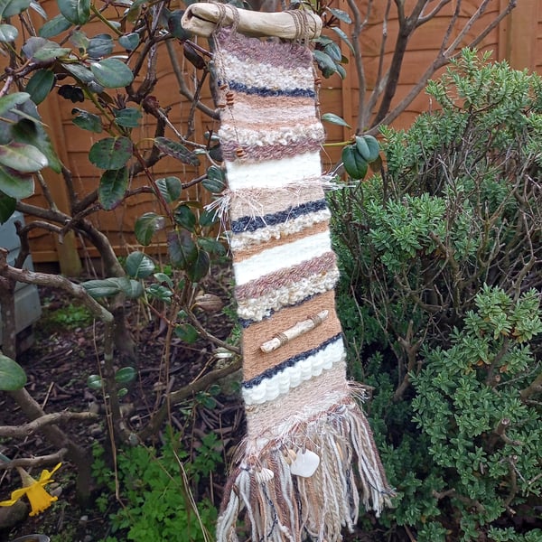 Rustic Hand Woven Wall Hanging in Neutral Colours with Driftwood and Beads 