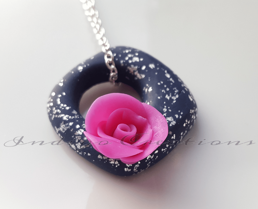 Necklace Handmade Blue Sparkle With Pink Rose Embelishment Polymer Clay Pendant