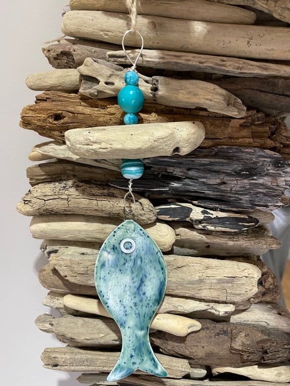Large handmade driftwood and porcelain fish hanger 