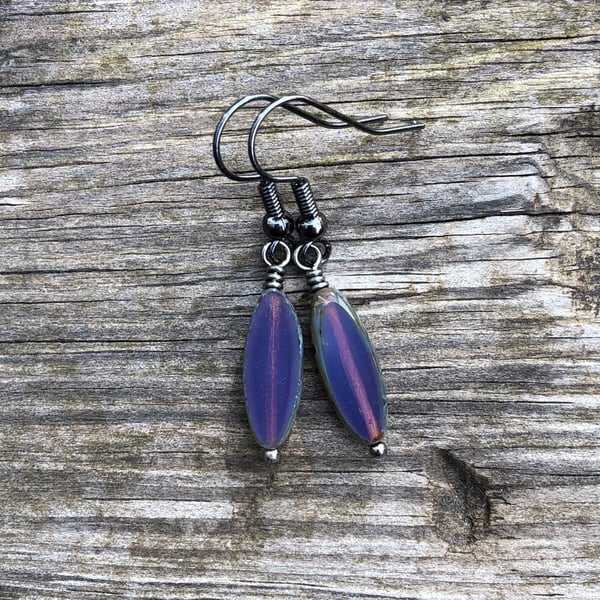 Opal Purple Spindle Glass Earrings. Black Antique Earrings