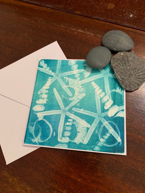 Ocean floor gelli print greetings card in teal