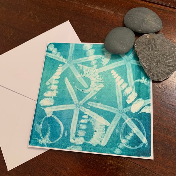 Ocean floor gelli print greetings card in teal